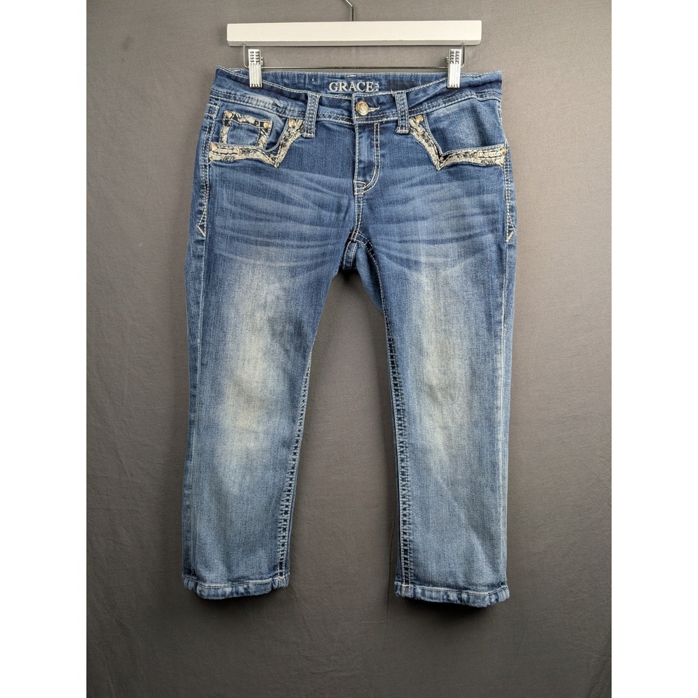 Grace in LA Womens Embroidered Cropped Jeans Medium Wash Denim Capris Size 29